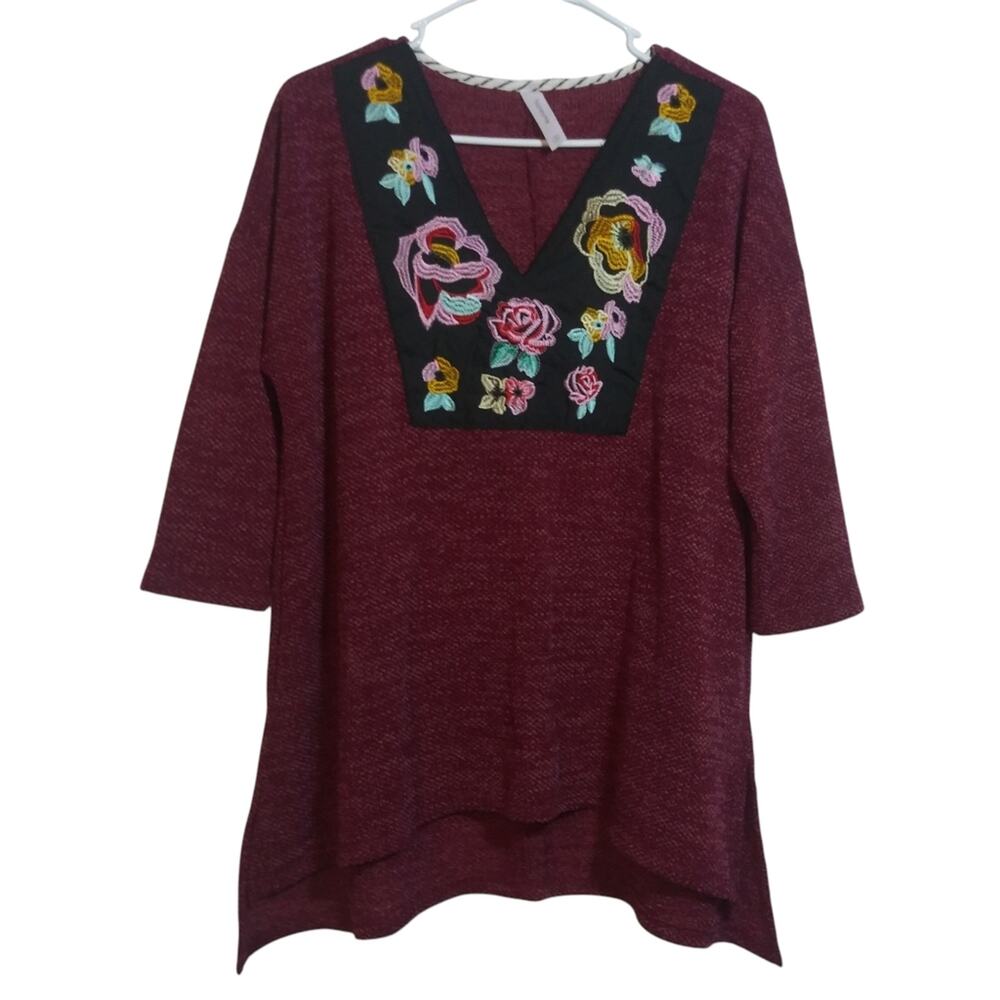 Honeyme Embroidered Burgundy Women's Knit Marled Top 3/4 Sleeves Size S